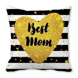 Detail of striped pillowcase featuring a gold glitter heart with Best Mom script text