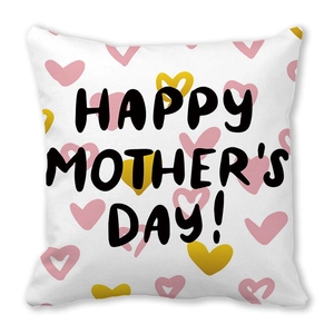 Close-up of Happy Mother's Day pillowcase with pink hearts and high-quality stitching