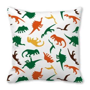 Detailed pattern of colorful cartoon dinosaur silhouettes on a white square pillow cover