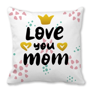 Detail of Love You Mom pillowcase with crown and colorful polka dots on white fabric
