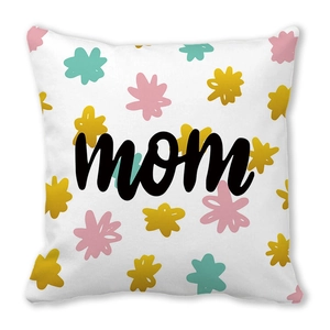 Detail view of Mom letter print and colorful floral pattern on white square pillowcase
