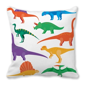 Detail of colorful cartoon dinosaurs printed on a soft white peach skin pillowcase