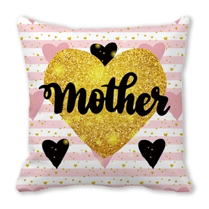 Detail of square peach skin pillowcase with pink stripes and gold heart for Mother's Day