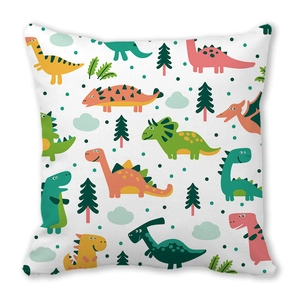 Detailed view of square peach skin pillowcase with colorful cartoon dinosaur patterns
