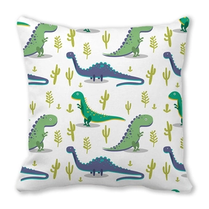 Detail of soft peach skin fabric texture on square pillowcase with cartoon dinosaur print