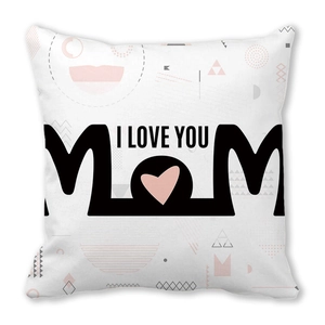 Close-up of peach skin pillowcase featuring artistic MOM and I LOVE YOU print text