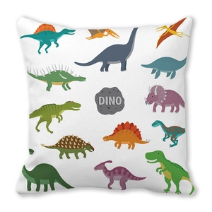Detailed pattern of colorful cartoon dinosaurs on white peach skin velvet pillowcase