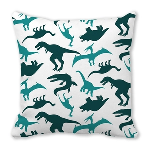 Square pillowcase featuring green cartoon dinosaur silhouettes on white peach skin fabric