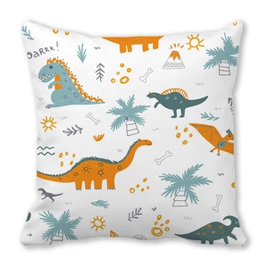Detail of cartoon dinosaur pattern on peach skin pillowcase with vibrant hand-drawn style
