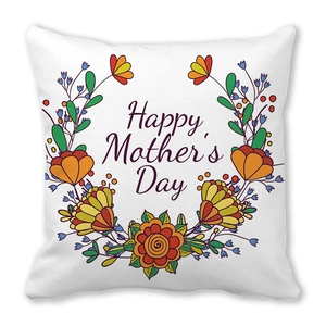 Detail of Happy Mother's Day pillowcase with colorful floral wreath on white fabric