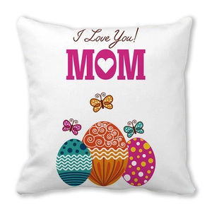 Detail of Happy Mother's Day pillow cover with I Love Mom text and colorful Easter eggs