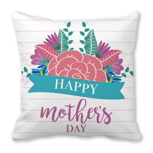 Detail view of Happy Mother's Day pillow case with floral art and pink stripes