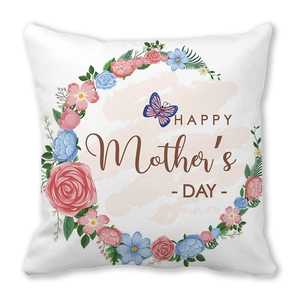 Detail of floral Mother's Day pillowcase with Happy Mother's Day text and pink flowers