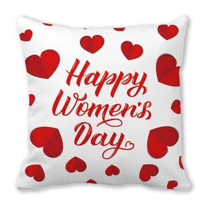 Square peach skin pillowcase featuring a 3D red heart and Happy Women's Day text