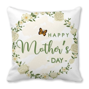Detail of a Mother's Day pillowcase with a floral wreath and a butterfly illustration