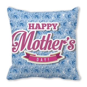 Dettaglio del motivo a rose blu e testo Happy Mother's Day sulla federa quadrata