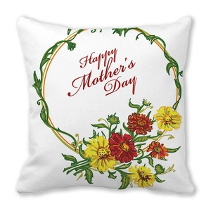 Detail of Happy Mother's Day cushion cover with floral wreath design on peach skin fabric