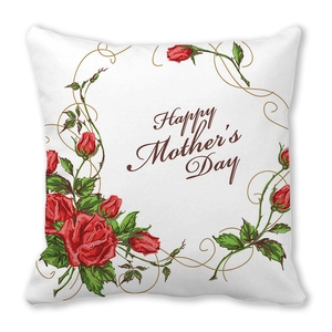 Close-up of Happy Mother's Day pillowcase with red roses on peach skin fabric