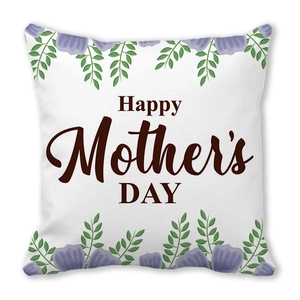 Detail of Happy Mother's Day pillowcase with purple flowers on peach skin fabric