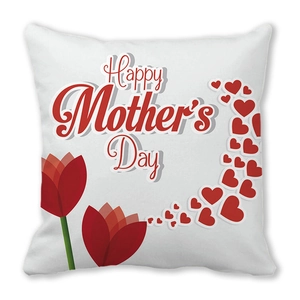 Close-up of Happy Mother's Day design with red tulips and hearts on white pillowcase