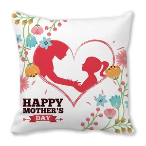 Detail of Happy Mother's Day peach skin pillowcase with floral heart and mother-daughter motif