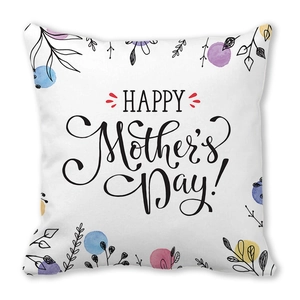 Detail of Happy Mother's Day watercolor dots and leaves on a soft white peach skin pillowcase