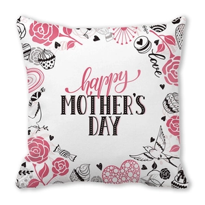 Macro detail of Happy Mother's Day peach skin pillowcase with floral and cupcake prints
