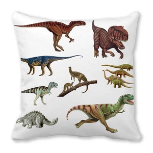 Detailed view of square peach skin pillowcase with scientific dinosaur illustrations