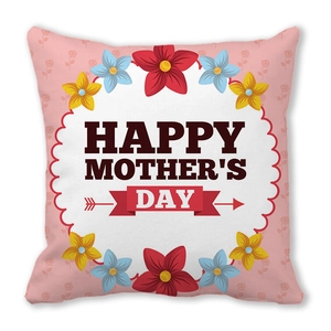Detail of Happy Mother's Day pillowcase with pink floral patterns and central text logo