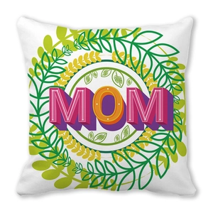 Detail view of Mom peach skin pillowcase with vibrant floral wreath and 3D typography