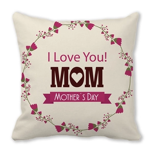 Square Mother's Day peach skin pillowcase with floral wreath and I Love You MOM text