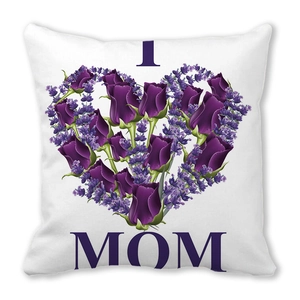 Detail of white microfiber pillowcase featuring a floral heart wreath and I Love MOM text