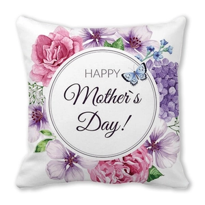 Dettaglio federa per la festa della mamma con fiori ad acquerello e testo Happy Mother's Day