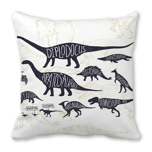Close-up of dinosaur encyclopedia print on soft peach skin fabric square pillowcase