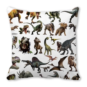 Close-up of peach skin pillowcase featuring various realistic dinosaur illustrations
