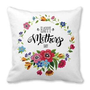 Detail of Happy Mother's Day floral wreath print on soft peach skin pillowcase