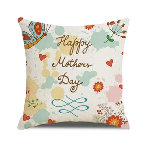 Detail of linen pillowcase with Happy Mother's Day print, floral and butterfly patterns