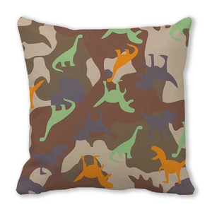 Detailed view of square peach skin pillowcase featuring colorful cartoon dinosaur camo print