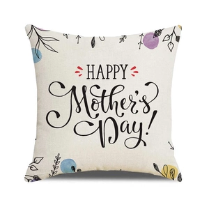Close-up of Mother's Day linen pillowcase featuring colorful floral patterns and text