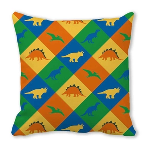 Detail of cute cartoon dinosaur pillowcase with colorful geometric block pattern