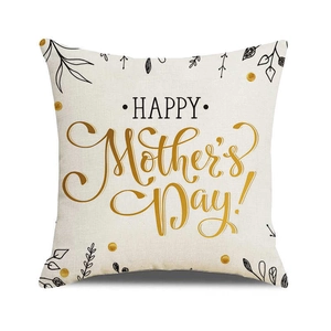 Detail of linen texture on Happy Mother's Day pillowcase with gold and black lettering