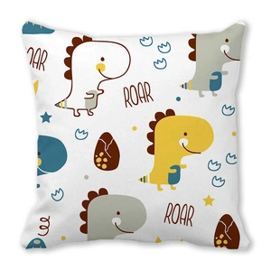 Detail aus weichem Pfirsichhautgewebe mit Cartoon-Dinosaurier-Prints und Roar-Schriftzug