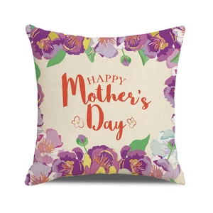 Detailed macro view of the linen texture and floral Happy Mother's Day cushion cover print