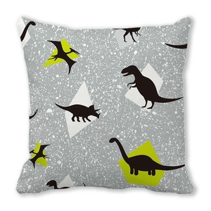 Detail of square peach skin pillowcase featuring cute cartoon dinosaur silhouettes in gray