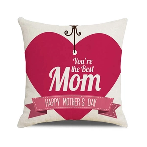 Detail of linen pillowcase with pink heart and Happy Mother's Day text design