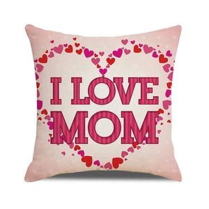 Detailed macro view of the natural linen texture and I LOVE MOM printed design on pillowcase