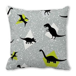 Detail of cute dinosaur patterns on grey peach skin fabric pillowcase for kids