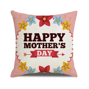 Detailed texture of linen cushion cover with Happy Mother's Day floral pattern print