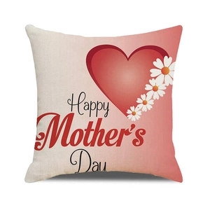 Detailed macro view of linen texture and Happy Mother's Day print on square pillow cover