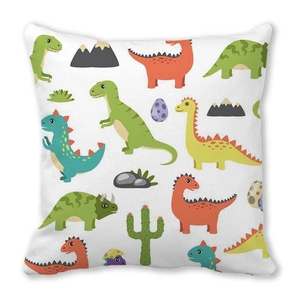 Detail shot of soft peach skin fabric featuring a colorful cartoon dinosaur pattern print